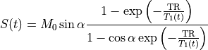 S(t) &= M_{0}\sin\alpha
         \frac{1 - \exp\left( - \frac{\text{TR}}{T_{1}(t)}\right)}
          {1 - \cos\alpha \exp\left( - \frac{\text{TR}}{T_{1}(t)} \right)}